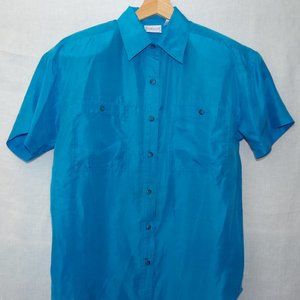 Bright blue 100% silk Backroad Blues Button-down boxy short sleeve shirt small
